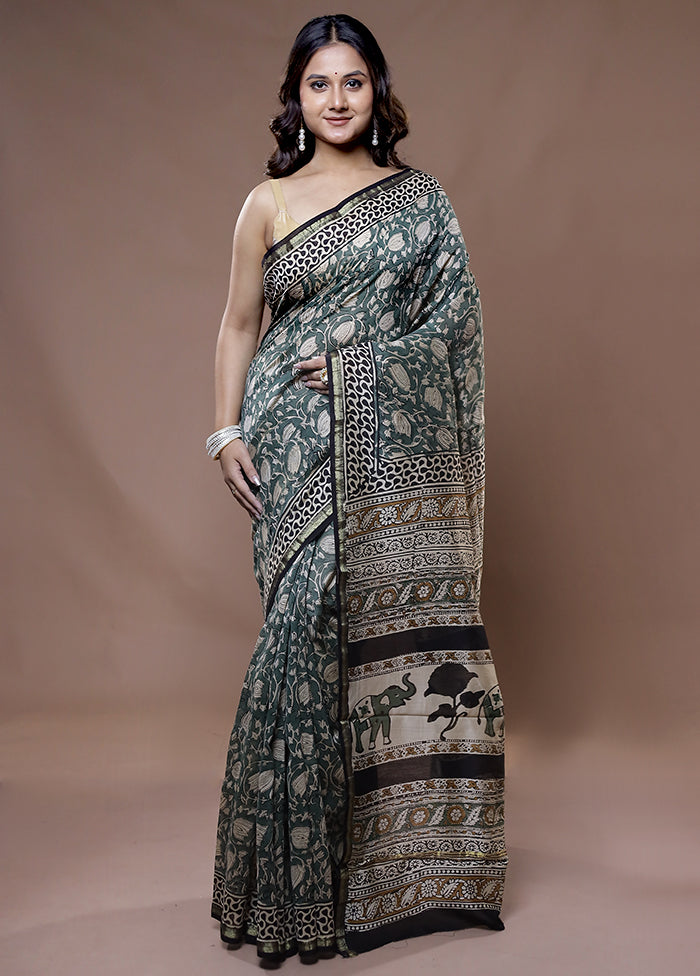 Green Chanderi Cotton Saree With Blouse Piece - Indian Silk House Agencies