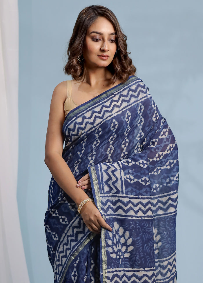 Blue Chanderi Cotton Saree With Blouse Piece - Indian Silk House Agencies