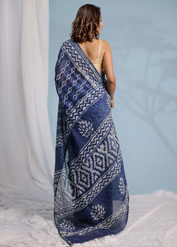 Blue Chanderi Cotton Saree With Blouse Piece - Indian Silk House Agencies