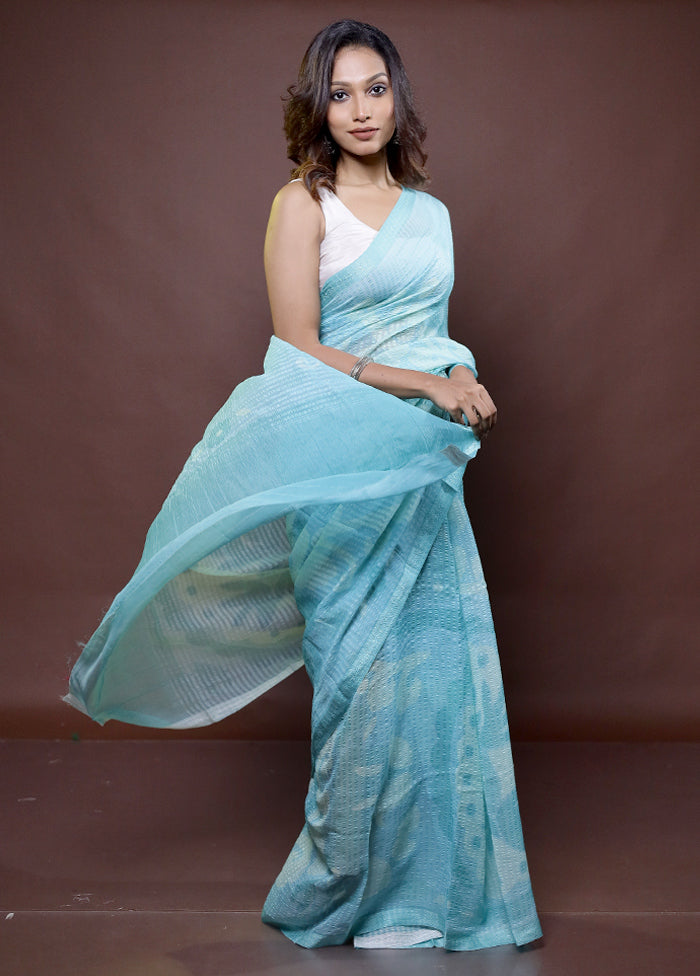 Blue Handloom Chiffon Pure Silk Saree With Blouse Piece