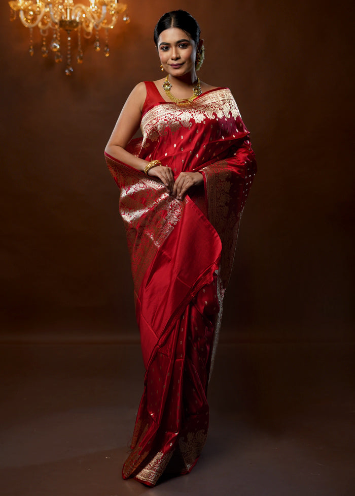 Red Handloom Banarasi Pure Silk Saree With Blouse Piece - Indian Silk House Agencies