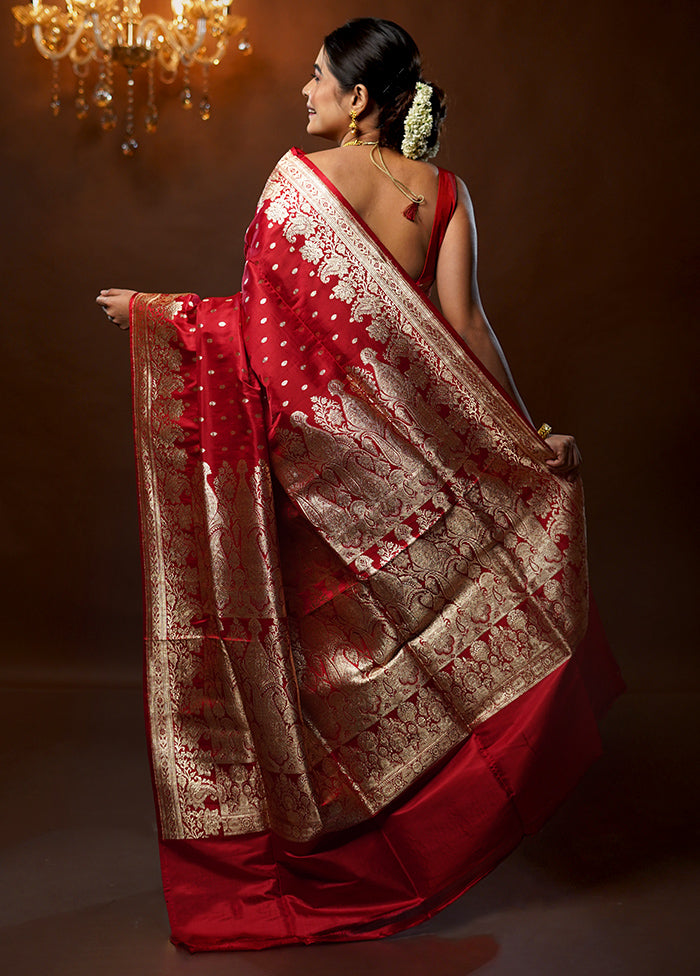 Red Handloom Banarasi Pure Silk Saree With Blouse Piece - Indian Silk House Agencies