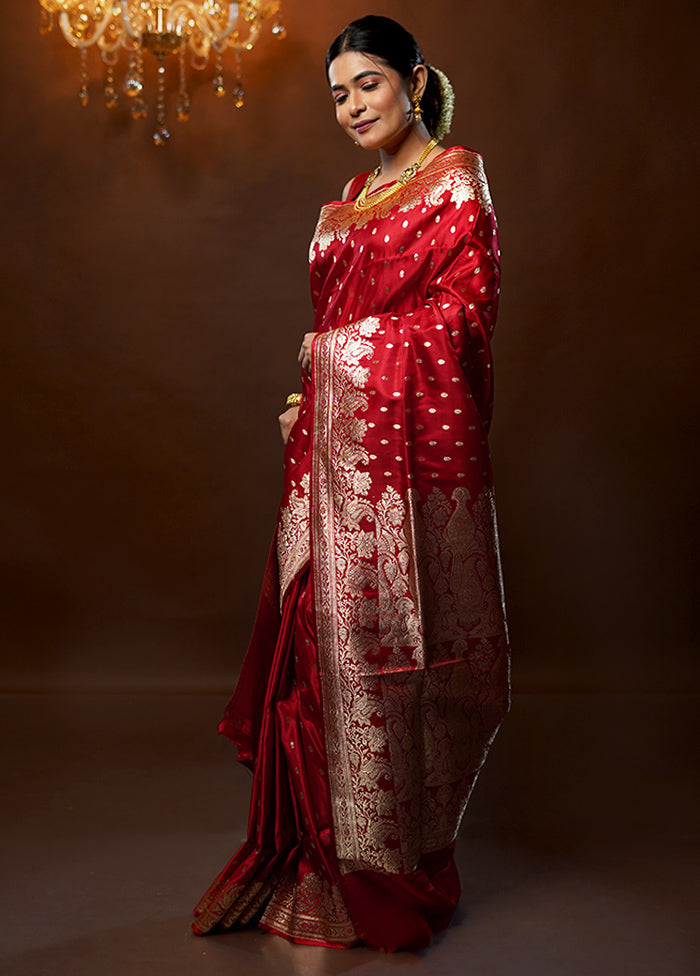 Red Handloom Banarasi Pure Silk Saree With Blouse Piece - Indian Silk House Agencies