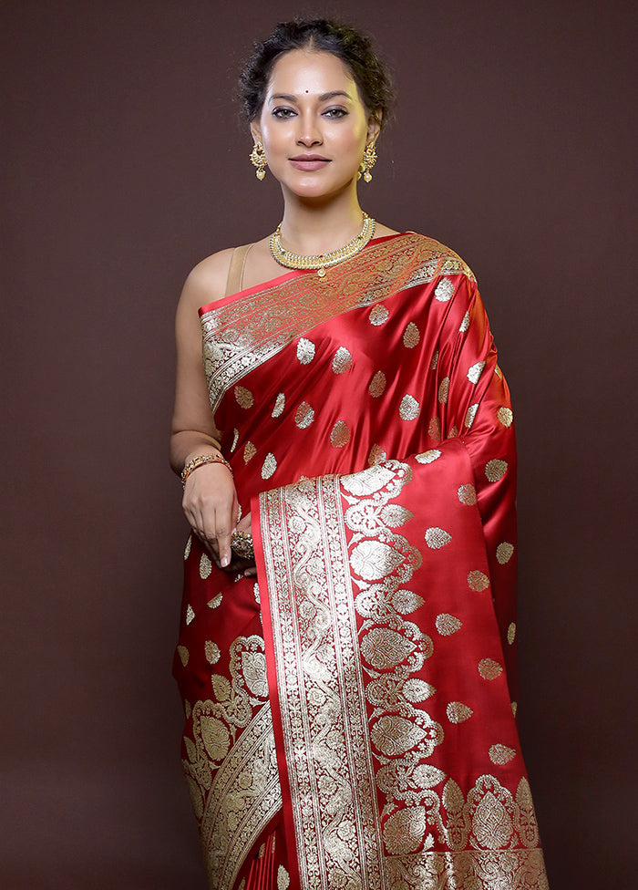 Red Banarasi Silk Saree With Blouse Piece