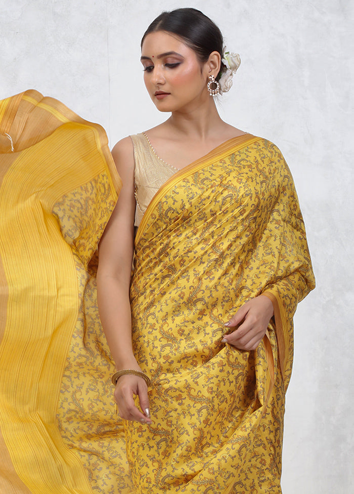 Yellow Printed Pure Silk Saree Without Blouse Piece