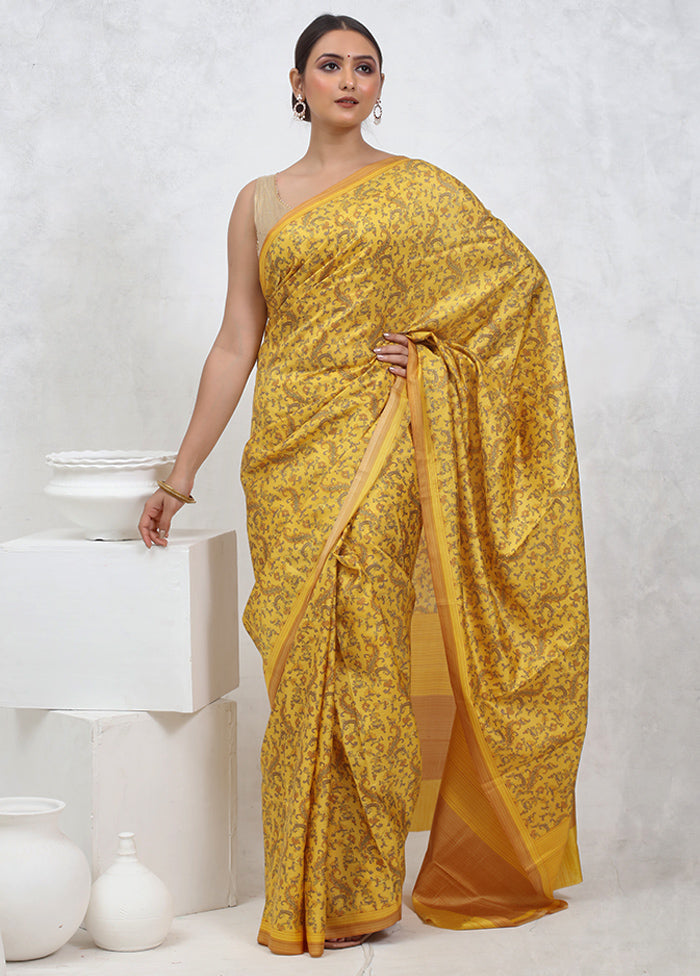 Yellow Printed Pure Silk Saree Without Blouse Piece