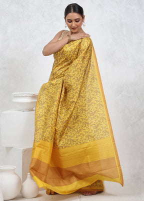 Yellow Printed Pure Silk Saree Without Blouse Piece - Indian Silk House Agencies