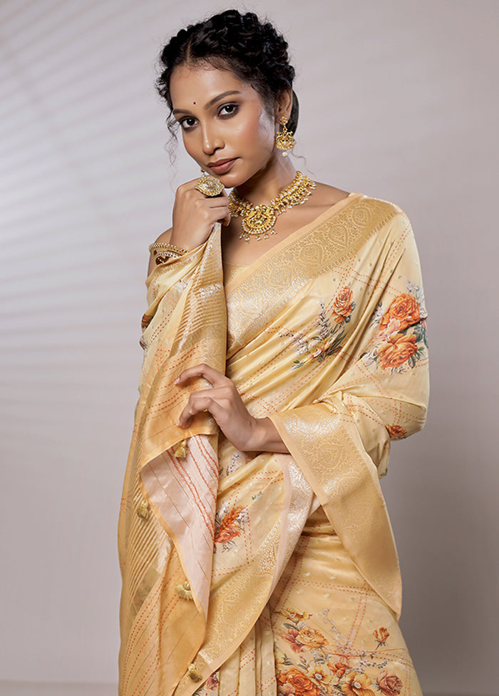 Cream Chanderi Pure Silk Saree With Blouse Piece - Indian Silk House Agencies