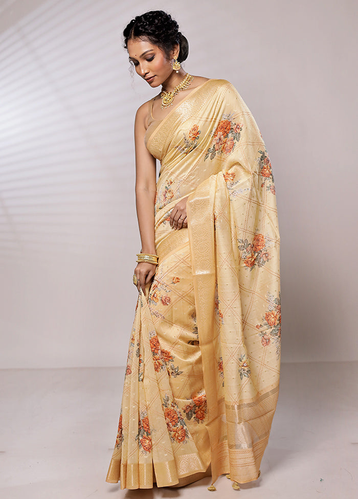 Cream Chanderi Pure Silk Saree With Blouse Piece - Indian Silk House Agencies