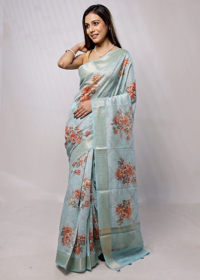 Blue Handloom Chanderi Pure Silk Saree With Blouse Piece