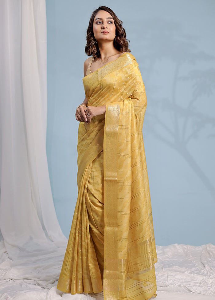 Yellow Chanderi Pure Cotton Saree With Blouse Piece - Indian Silk House Agencies