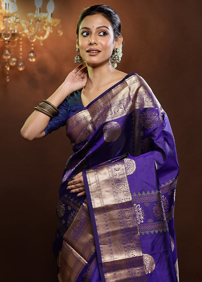 Purple Handloom Kanjivaram Pure Silk Saree With Blouse Piece