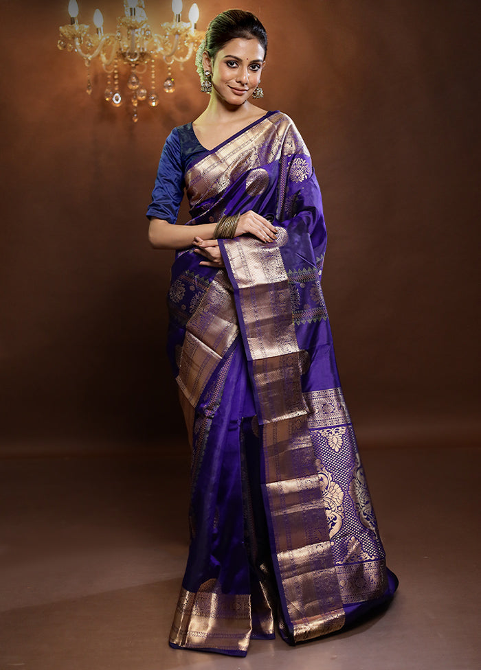 Purple Handloom Kanjivaram Pure Silk Saree With Blouse Piece