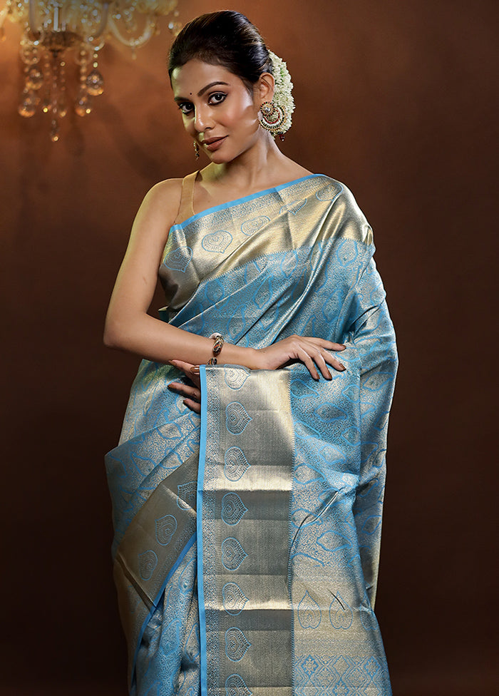 Blue Handloom Kanjivaram Pure Silk Saree With Blouse Piece - Indian Silk House Agencies