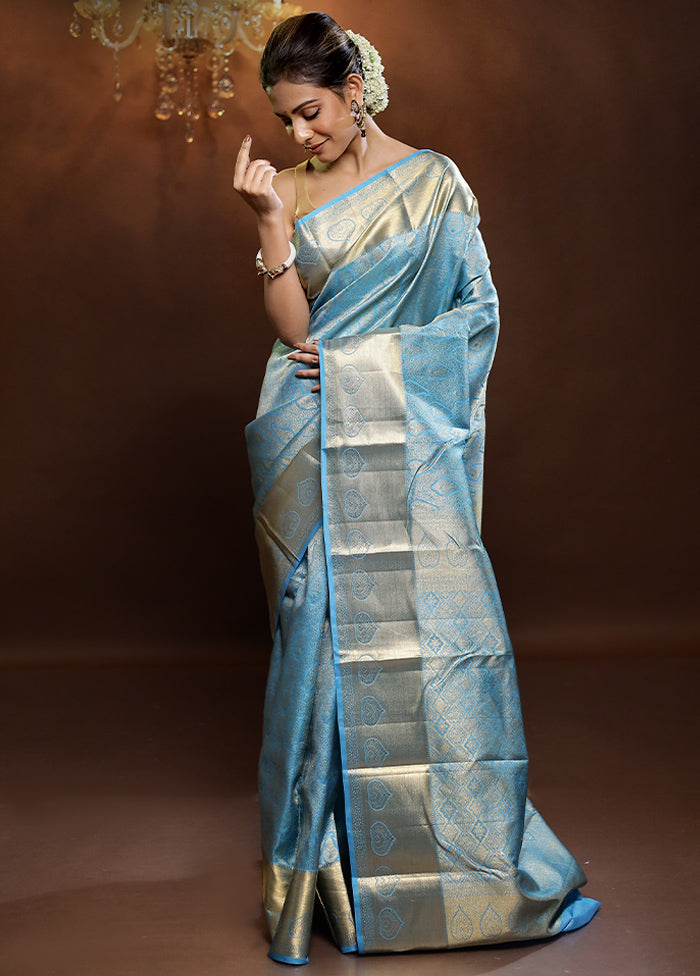 Blue Handloom Kanjivaram Pure Silk Saree With Blouse Piece - Indian Silk House Agencies