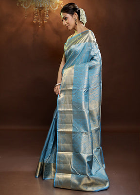 Blue Handloom Kanjivaram Pure Silk Saree With Blouse Piece