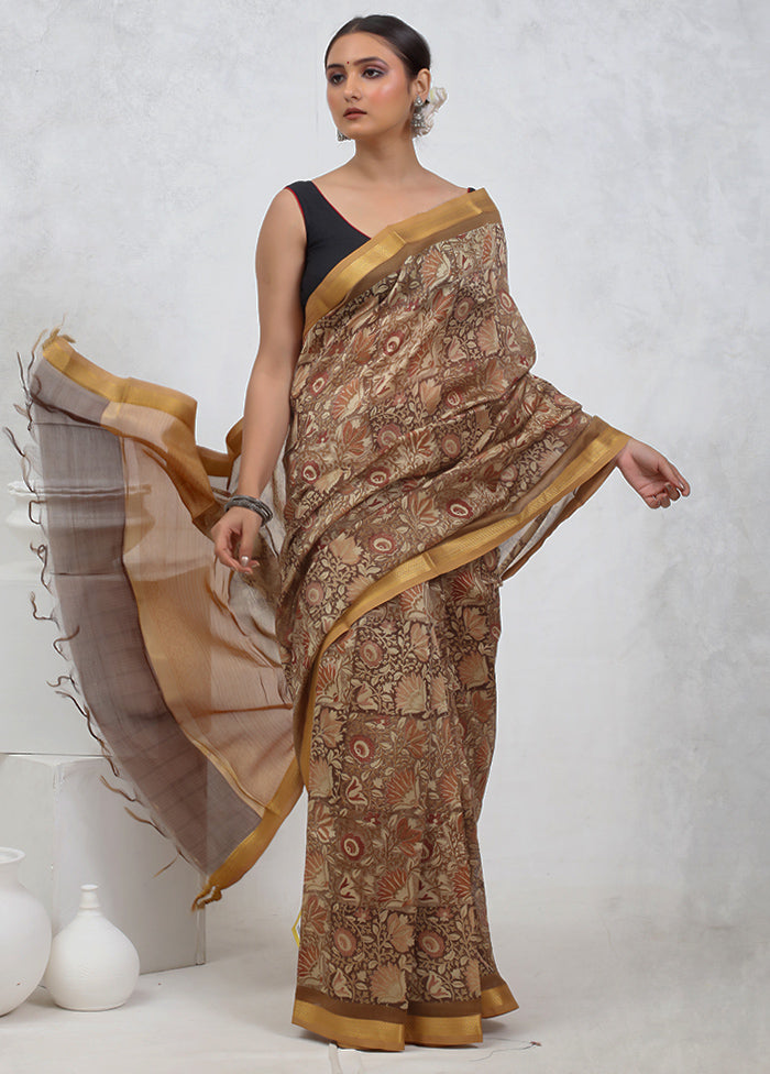 Brown Printed Pure Silk Saree Without Blouse Piece