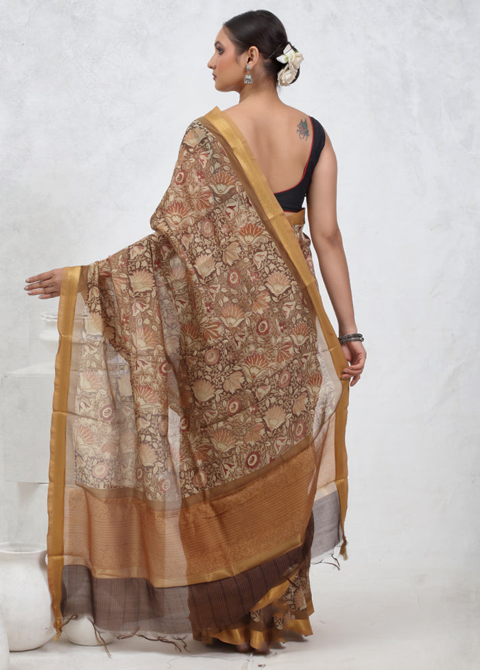 Brown Printed Pure Silk Saree Without Blouse Piece