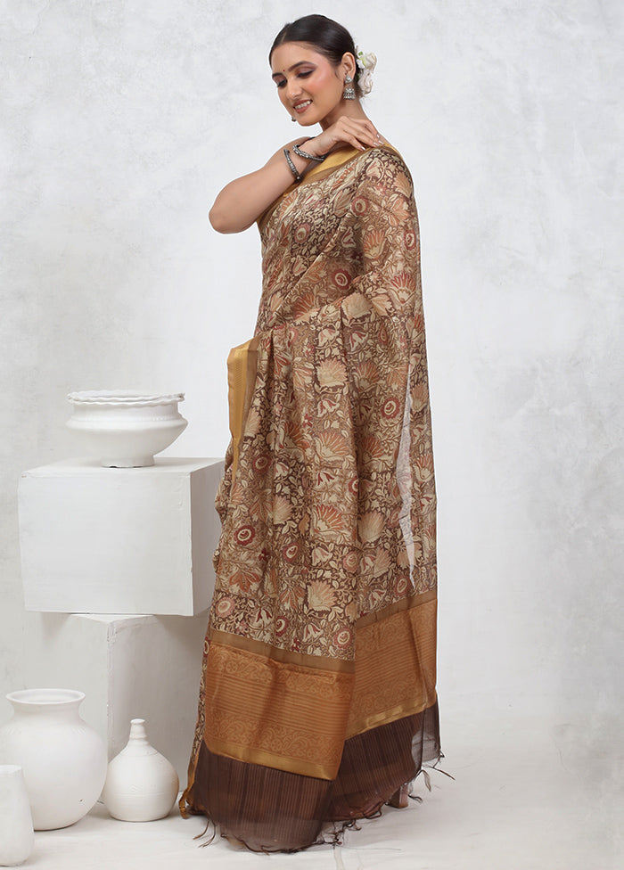 Brown Printed Pure Silk Saree Without Blouse Piece