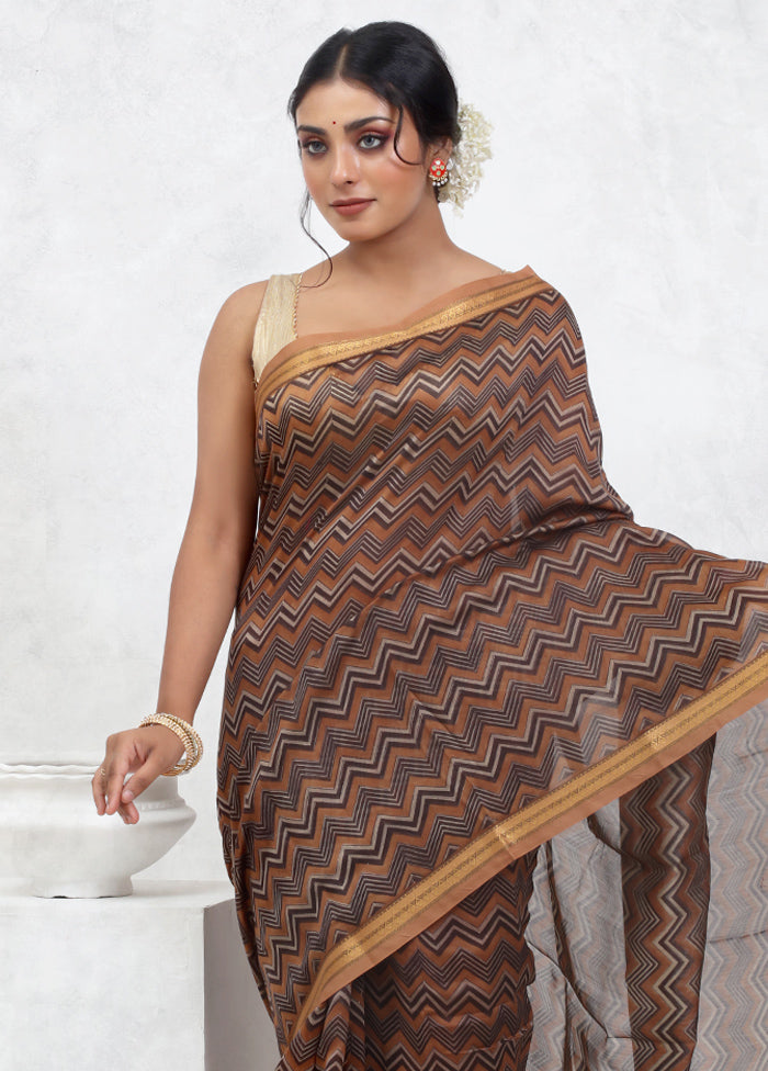 Brown Printed Pure Silk Saree Without Blouse Piece