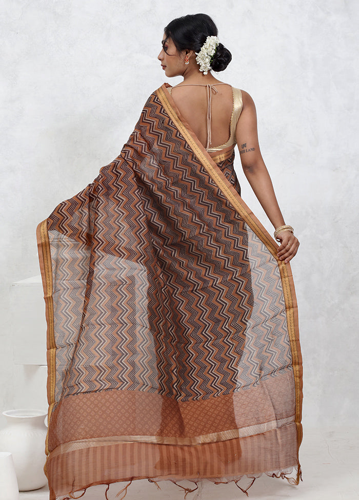 Brown Printed Pure Silk Saree Without Blouse Piece