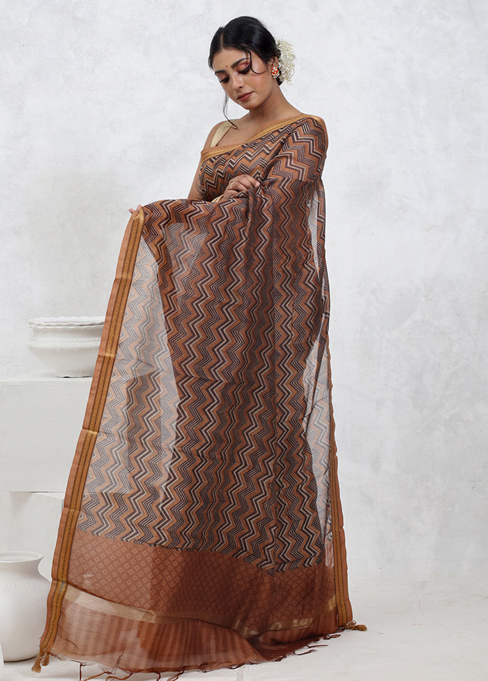 Brown Printed Pure Silk Saree Without Blouse Piece