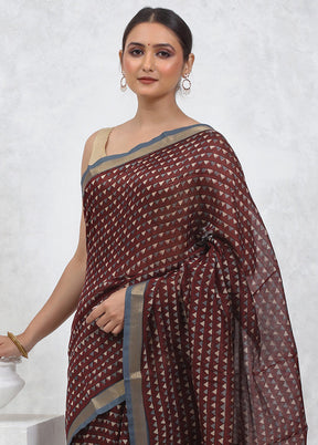 Brown Printed Pure Silk Saree Without Blouse Piece