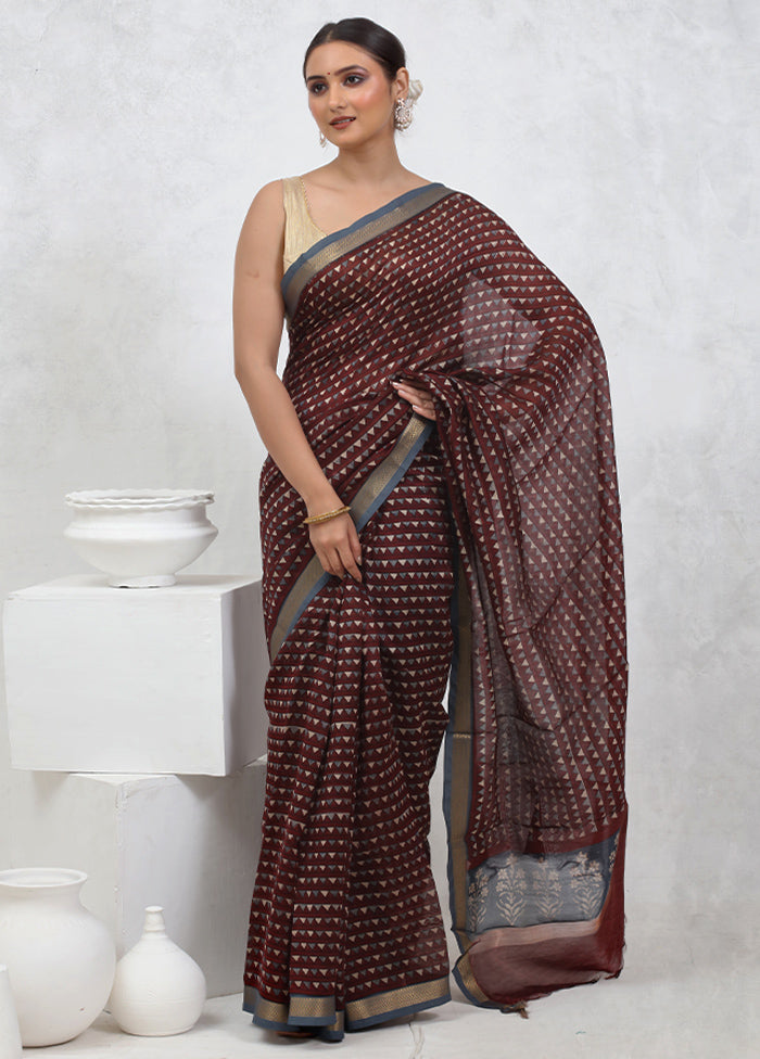 Brown Printed Pure Silk Saree With Blouse Piece
