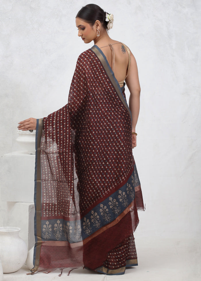 Brown Printed Pure Silk Saree Without Blouse Piece