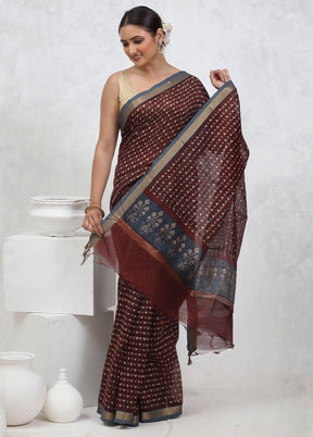 Brown Printed Pure Silk Saree Without Blouse Piece