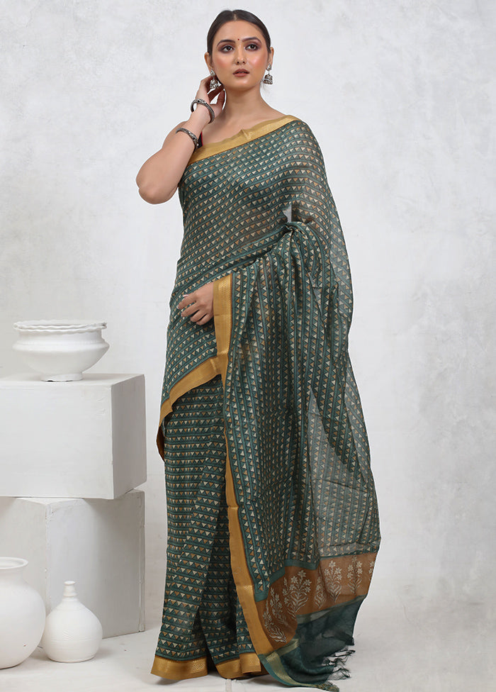 Green Printed Pure Silk Saree Without Blouse Piece