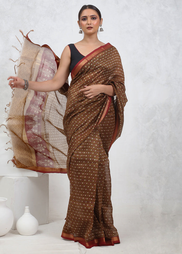 Brown Printed Pure Silk Saree Without Blouse Piece