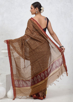 Brown Printed Pure Silk Saree Without Blouse Piece