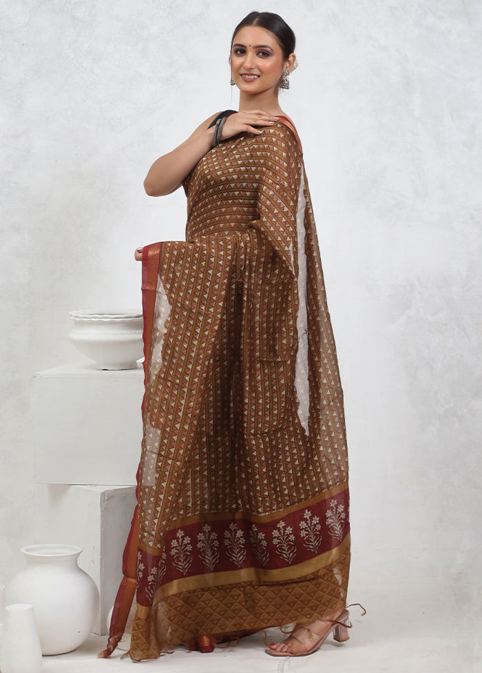 Brown Printed Pure Silk Saree Without Blouse Piece