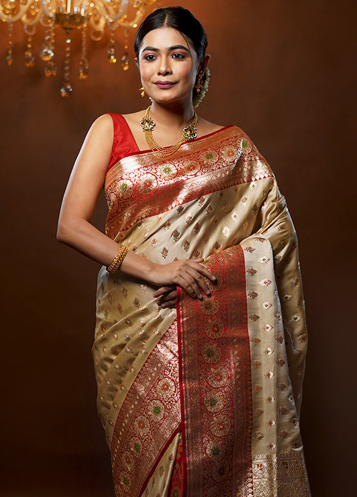 Cream Banarasi Silk Saree With Blouse Piece