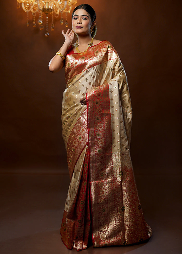 Cream Banarasi Silk Saree With Blouse Piece