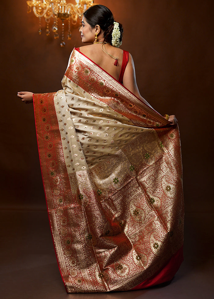 Cream Banarasi Silk Saree With Blouse Piece