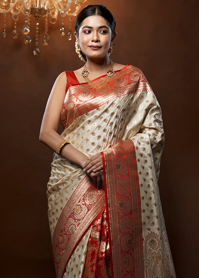 Cream Banarasi Silk Saree With Blouse Piece