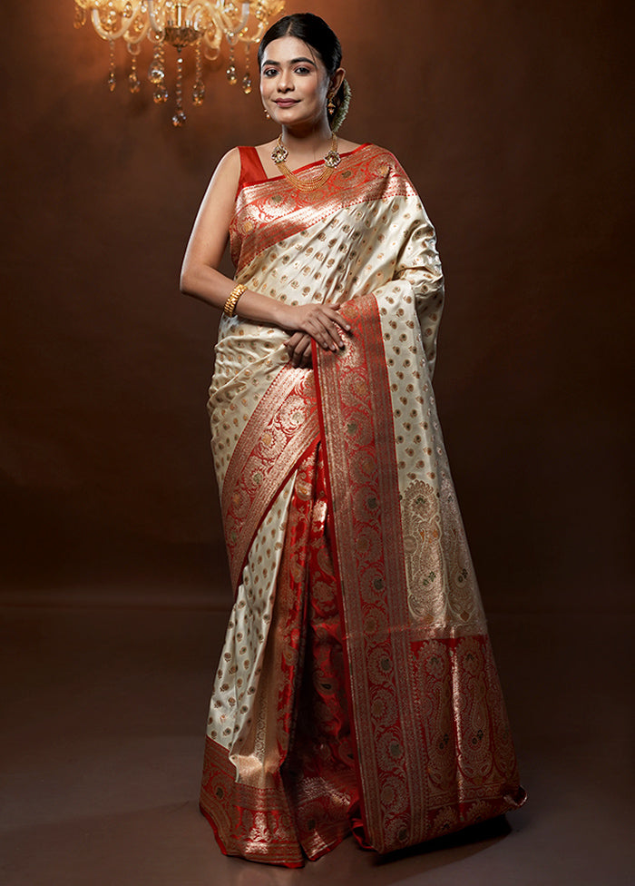 Cream Banarasi Silk Saree With Blouse Piece