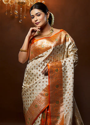 Cream Banarasi Silk Saree With Blouse Piece - Indian Silk House Agencies