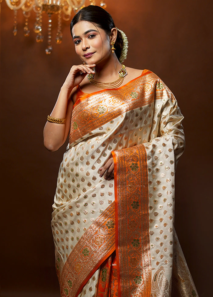 Cream Banarasi Silk Saree With Blouse Piece