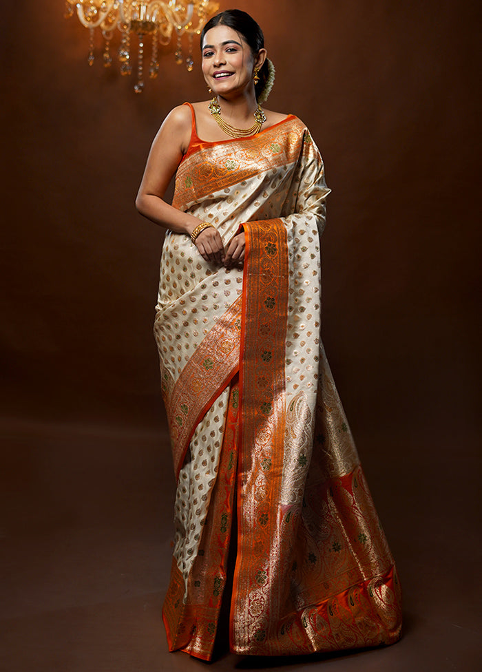 Cream Banarasi Silk Saree With Blouse Piece