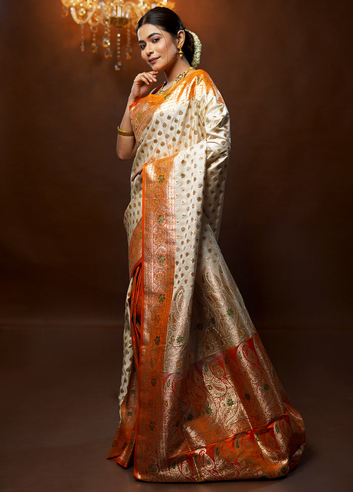 Cream Banarasi Silk Saree With Blouse Piece - Indian Silk House Agencies