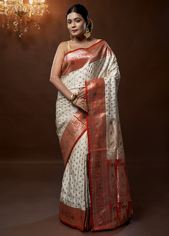 Cream Banarasi Silk Saree With Blouse Piece