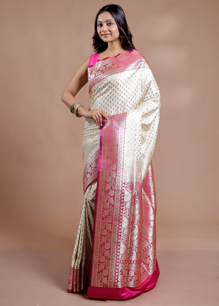 Cream Banarasi Silk Saree With Blouse Piece - Indian Silk House Agencies