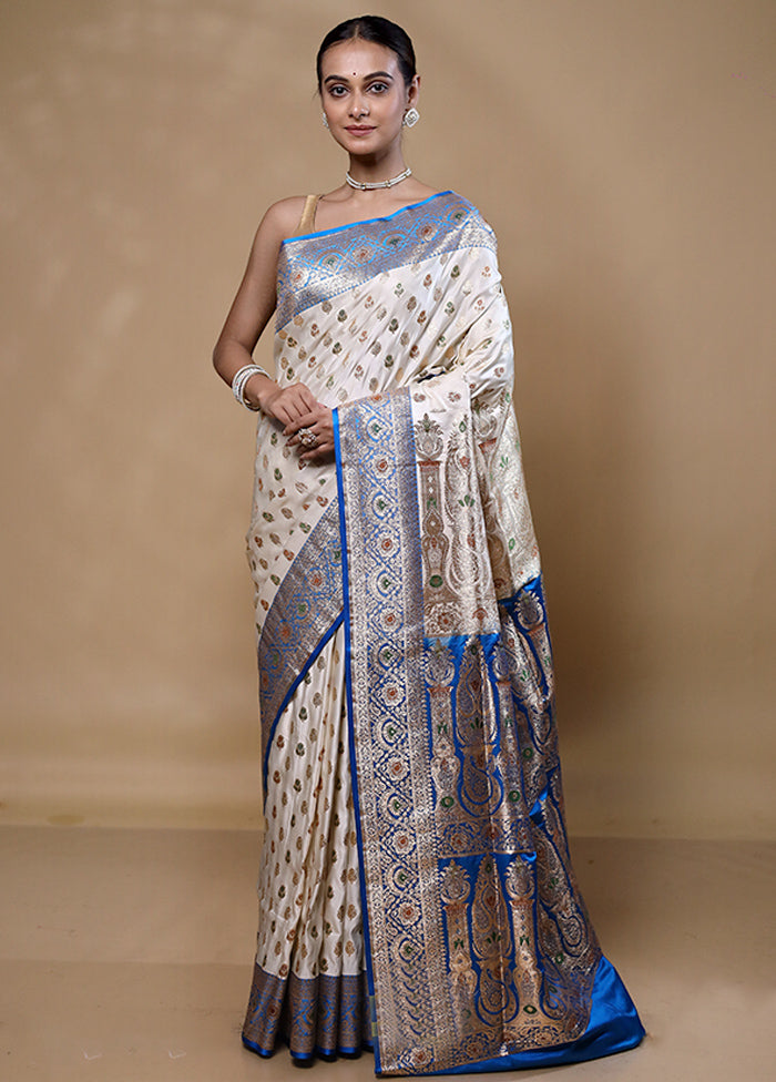 White Banarasi Silk Saree With Blouse Piece