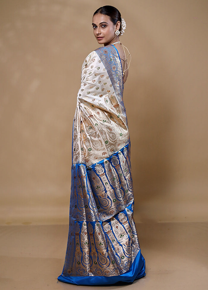 White Banarasi Silk Saree With Blouse Piece