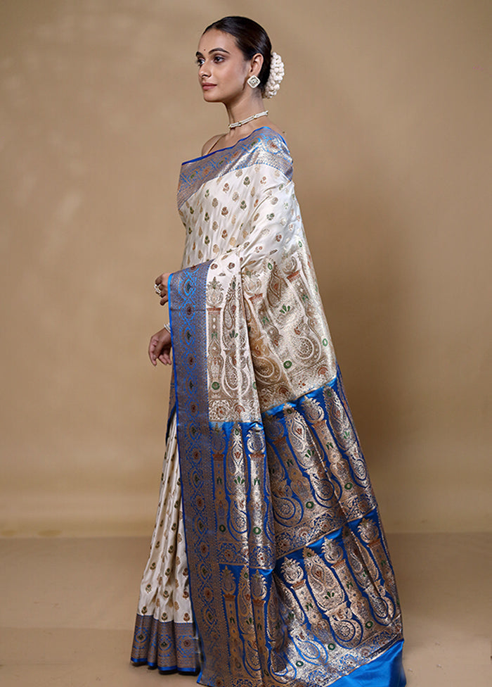 White Banarasi Silk Saree With Blouse Piece