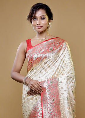 Cream Banarasi Silk Saree With Blouse Piece