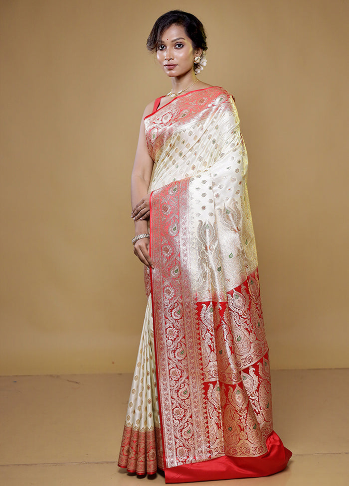 Cream Banarasi Silk Saree With Blouse Piece